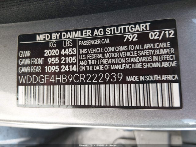 46337731 :رقم المزاد ، WDDGF4HB9CR222939 vin ، 2012 Mercedes-benz C 250 Sport مزاد بيع