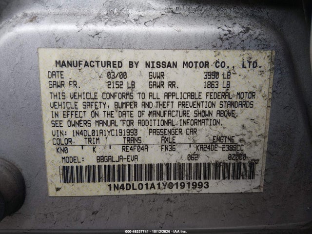 2000 Nissan Altima Gle/gxe/se მანქანა იყიდება აუქციონზე, vin: 1N4DL01A1YC191993, აუქციონის ნომერი: 46337741