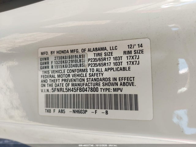 Aukcja sprzedaży 2015 Honda Odyssey Ex, vin: 5FNRL5H45FB047800, numer aukcji: 46337748