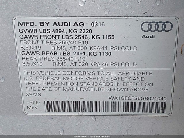 Продажа на аукционе авто 2016 Audi Q3 2.0t Premium Plus, vin: WA1GFCFS6GR021040, номер лота: 46337751