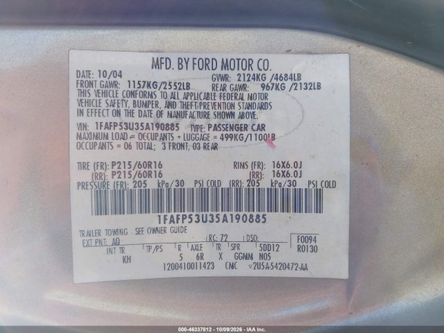 Aukcja sprzedaży 2005 Ford Taurus Se, vin: 1FAFP53U35A190885, numer aukcji: 46337812