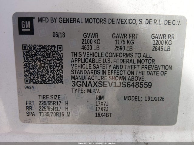 Продажа на аукционе авто 2018 Chevrolet Equinox Lt, vin: 3GNAXSEV1JS648559, номер лота: 46337817