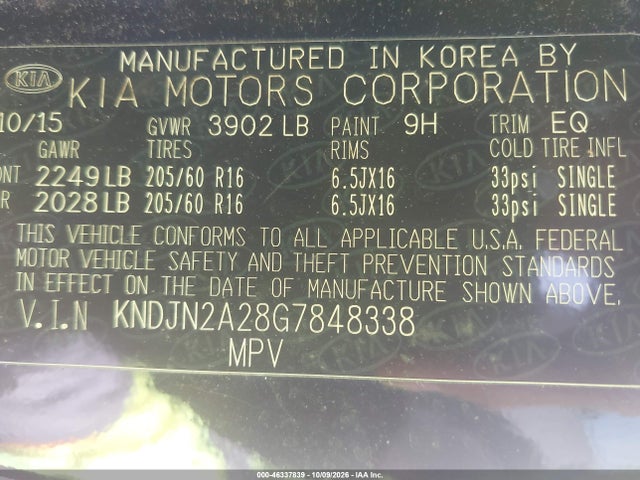Aukcja sprzedaży 2016 Kia Soul, vin: KNDJN2A28G7848338, numer aukcji: 46337839