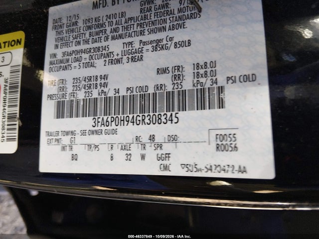 46337849 :رقم المزاد ، 3FA6P0H94GR308345 vin ، 2016 Ford Fusion Se مزاد بيع