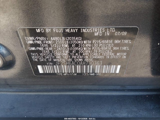 2010 Subaru Forester 2.5x მანქანა იყიდება აუქციონზე, vin: JF2SH6AC0AH730363, აუქციონის ნომერი: 46337852