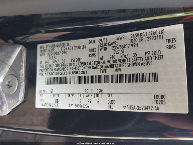 46337865 :رقم المزاد ، 1FMCU9GD3HUB64261 vin ، 2017 Ford Escape Se مزاد بيع