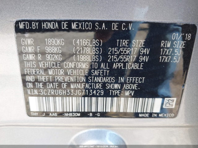 Продаж на аукціоні авто 2018 Honda Hr-v Lx, vin: 3CZRU6H33JG713429, номер лоту: 46337867