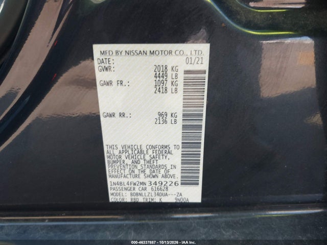 Продажа на аукционе авто 2021 Nissan Altima Platinum Intelligent Awd, vin: 1N4BL4FW2MN349226, номер лота: 46337887