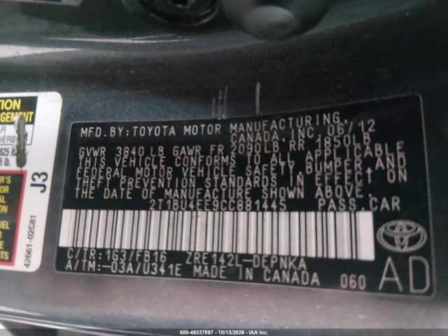 Продаж на аукціоні авто 2012 Toyota Corolla Le, vin: 2T1BU4EE9CC881445, номер лоту: 46337897