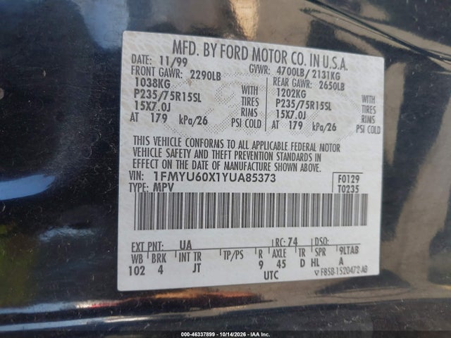 46337899 :رقم المزاد ، 1FMYU60X1YUA85373 vin ، 2000 Ford Explorer Sport مزاد بيع