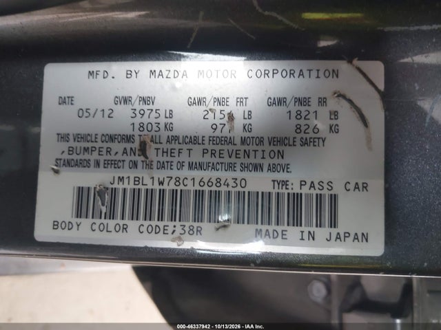Продажа на аукционе авто 2012 Mazda Mazda3 I Grand Touring, vin: JM1BL1W78C1668430, номер лота: 46337942