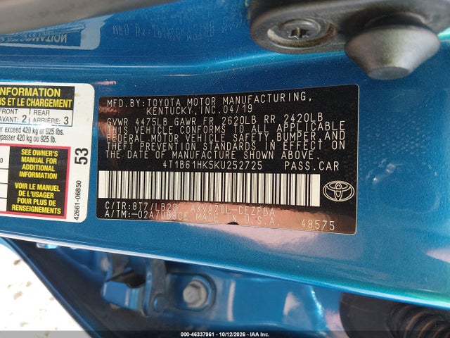 Aukcja sprzedaży 2019 Toyota Camry Xse, vin: 4T1B61HK5KU252725, numer aukcji: 46337961