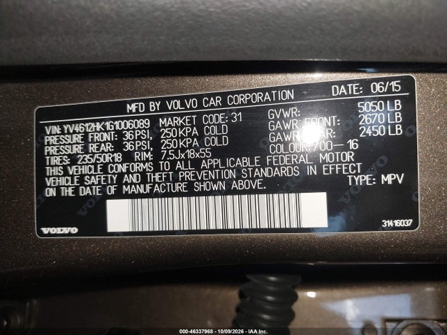 46337968 :رقم المزاد ، YV4612HK1G1006089 vin ، 2016 Volvo V60 Cross Country T5 مزاد بيع