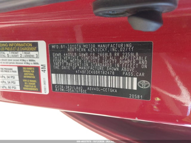 46337978 :رقم المزاد ، 4T4BF3EK6BR182478 vin ، 2011 Toyota Camry Xle مزاد بيع