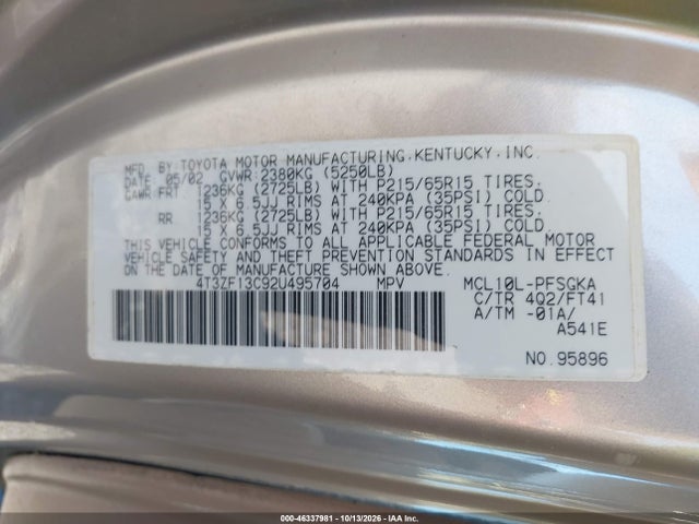 Aukcja sprzedaży 2002 Toyota Sienna Le, vin: 4T3ZF13C92U495704, numer aukcji: 46337981