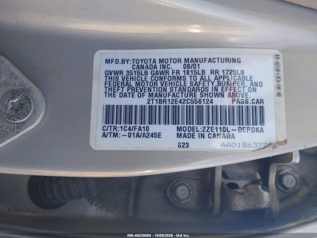 46338065 :رقم المزاد ، 2T1BR12E42C556124 vin ، 2002 Toyota Corolla Le مزاد بيع