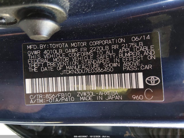 46338067 :رقم المزاد ، JTDKN3DU7E0386450 vin ، 2014 Toyota Prius Two مزاد بيع