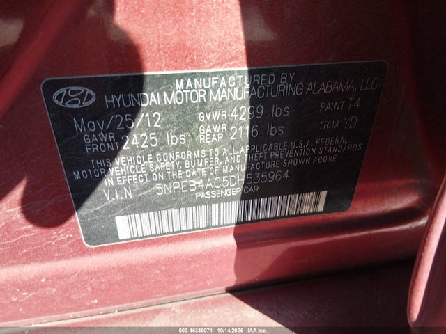 Aukcja sprzedaży 2013 Hyundai Sonata Gls, vin: 5NPEB4AC5DH535964, numer aukcji: 46338071