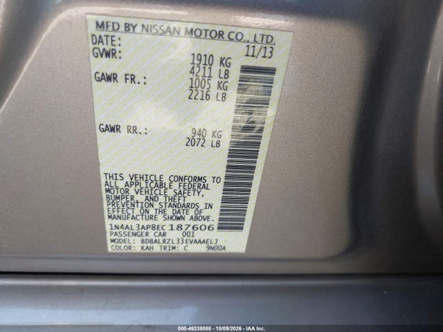 46338088 :رقم المزاد ، 1N4AL3AP8EC187606 vin ، 2014 Nissan Altima 2.5 S مزاد بيع