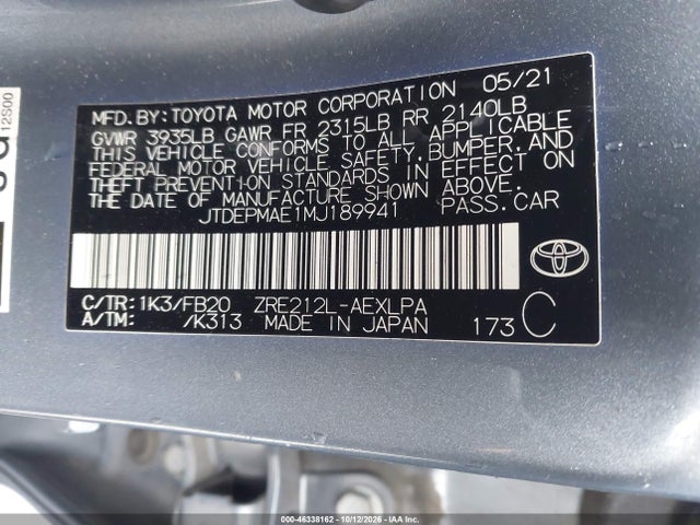 JTDEPMAE1MJ189941 Toyota COROLLA LE