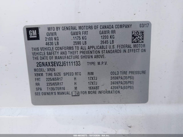 Продаж на аукціоні авто 2018 Chevrolet Equinox Lt, vin: 2GNAXSEV2J6111133, номер лоту: 46338273