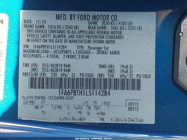 Продаж на аукціоні авто 2020 Ford Mustang Ecoboost Fastback, vin: 1FA6P8TH1L5114284, номер лоту: 46338313