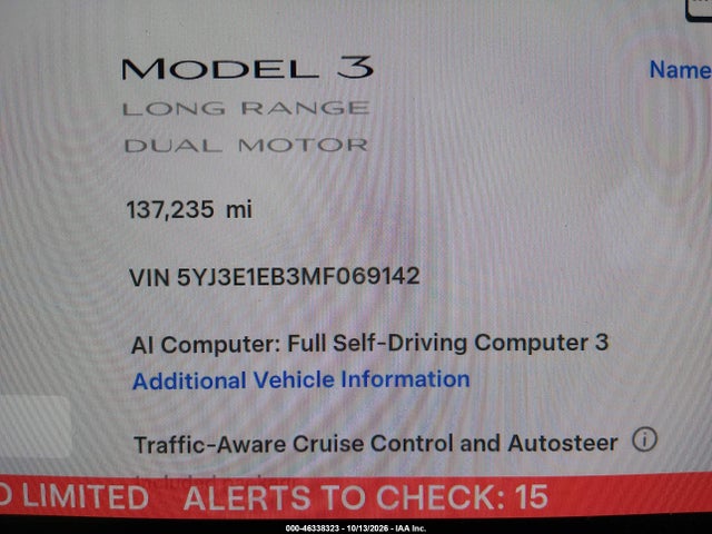 5YJ3E1EB3MF069142 Tesla Model 3 Long Range Dual Motor All-wheel Drive