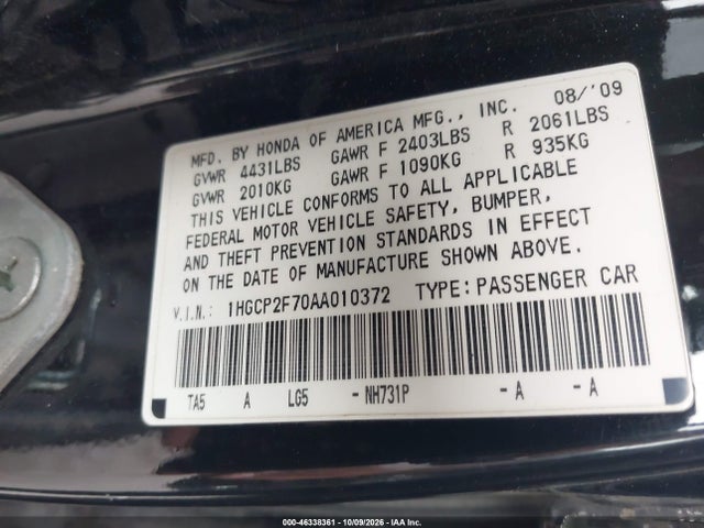 2010 Honda Accord 2.4 Ex მანქანა იყიდება აუქციონზე, vin: 1HGCP2F70AA010372, აუქციონის ნომერი: 46338361