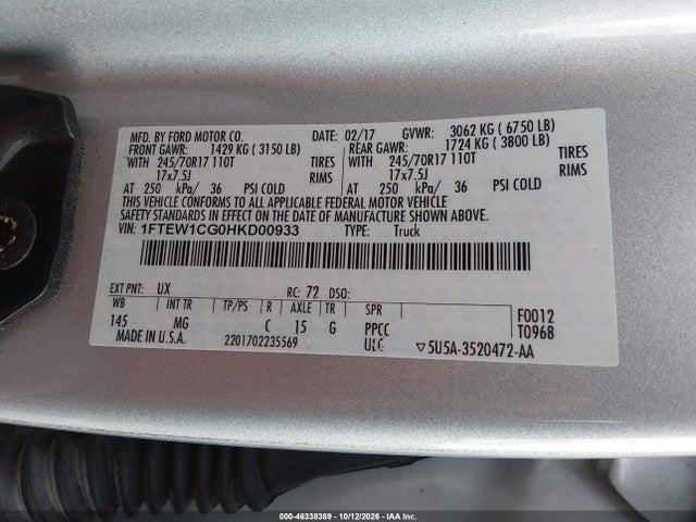 46338389 :رقم المزاد ، 1FTEW1CG0HKD00933 vin ، 2017 Ford F-150 Xlt مزاد بيع