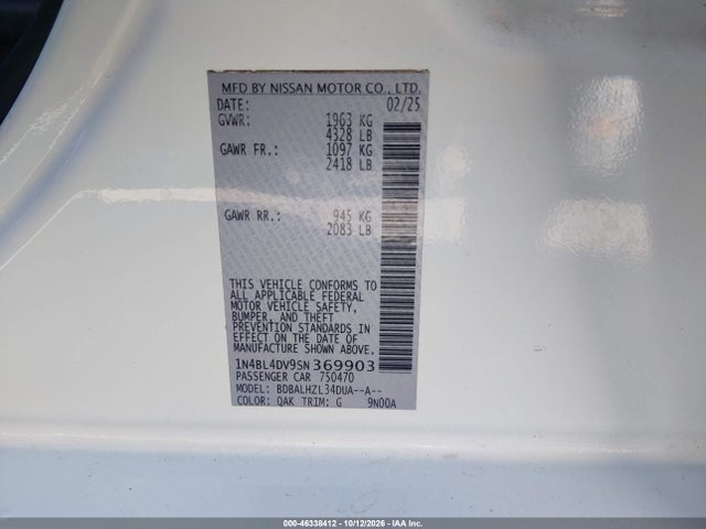 1N4BL4DV9SN369903 Nissan Altima Sv Fwd