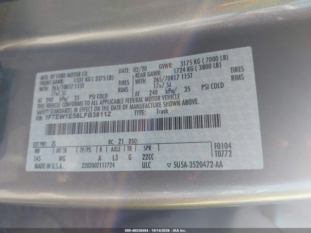 Aukcja sprzedaży 2020 Ford F-150 Xl, vin: 1FTEW1E58LFB38112, numer aukcji: 46338494