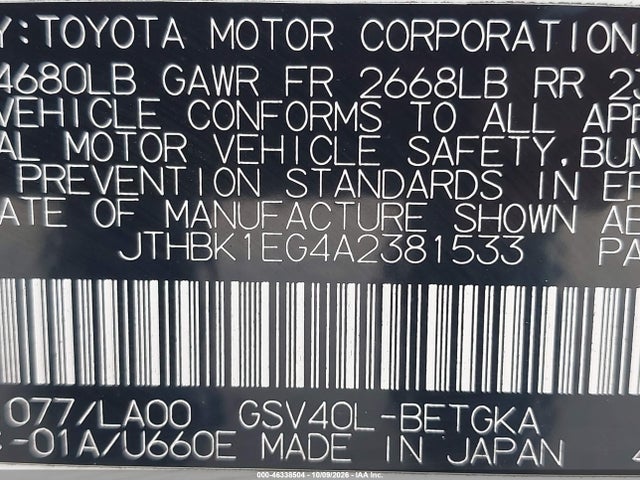2010 Lexus Es 350 მანქანა იყიდება აუქციონზე, vin: JTHBK1EG4A2381533, აუქციონის ნომერი: 46338504