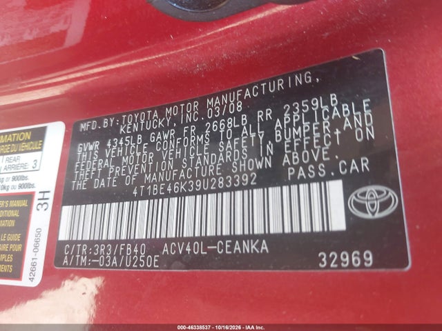 Aukcja sprzedaży 2009 Toyota Camry Le, vin: 4T1BE46K39U283392, numer aukcji: 46338537