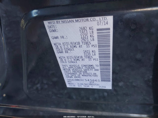 Aukcja sprzedaży 2014 Infiniti Qx60, vin: 5N1AL0MM2EC545661, numer aukcji: 46338583