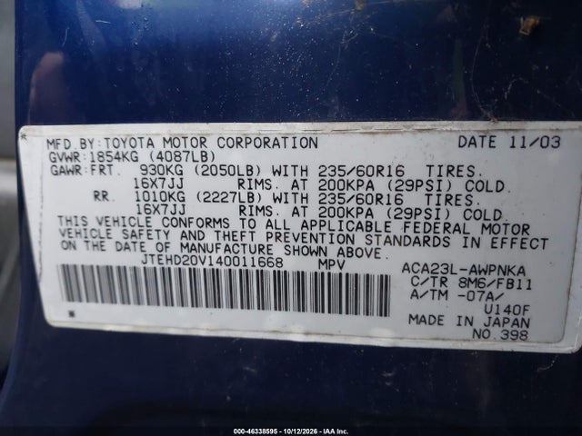 Продаж на аукціоні авто 2004 Toyota Rav4, vin: JTEHD20V140011668, номер лоту: 46338595
