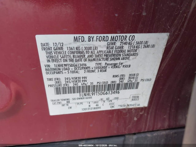 Продажа на аукционе авто 2013 Lincoln Mks Ecoboost, vin: 1LNHL9FT5DG613496, номер лота: 46338604