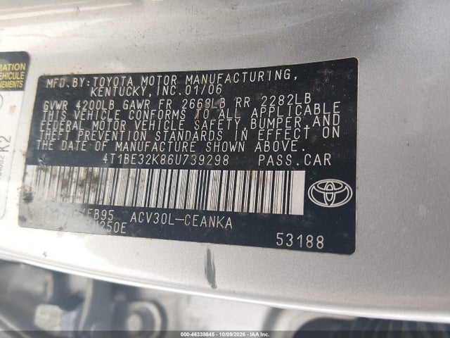 2006 Toyota Camry Le მანქანა იყიდება აუქციონზე, vin: 4T1BE32K86U739298, აუქციონის ნომერი: 46338645