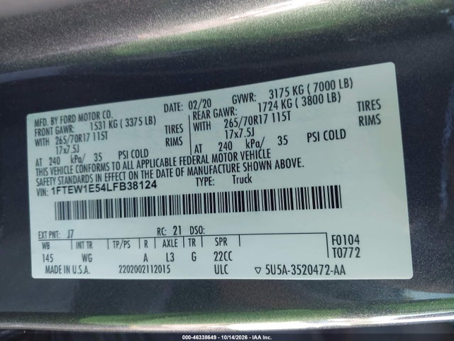 Aukcja sprzedaży 2020 Ford F-150 Xl, vin: 1FTEW1E54LFB38124, numer aukcji: 46338649