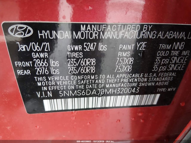 Aukcja sprzedaży 2021 Hyundai Santa Fe Sel, vin: 5NMS6DAJ0MH320043, numer aukcji: 46338663