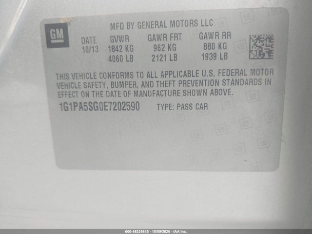 2014 Chevrolet Cruze Ls Auto მანქანა იყიდება აუქციონზე, vin: 1G1PA5SG0E7202590, აუქციონის ნომერი: 46338685