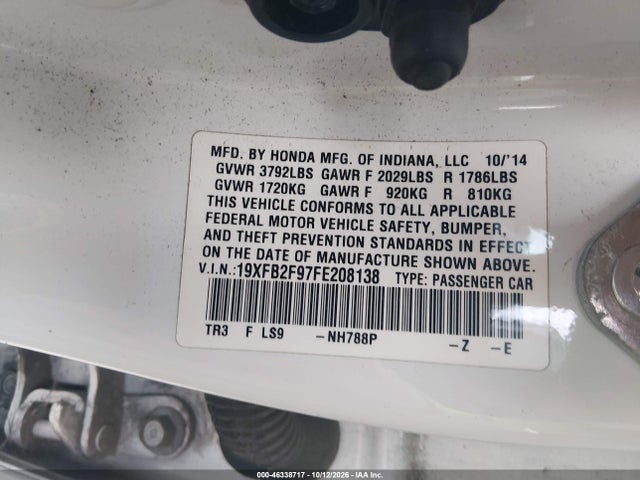 Продажа на аукционе авто 2015 Honda Civic Ex-l, vin: 19XFB2F97FE208138, номер лота: 46338717
