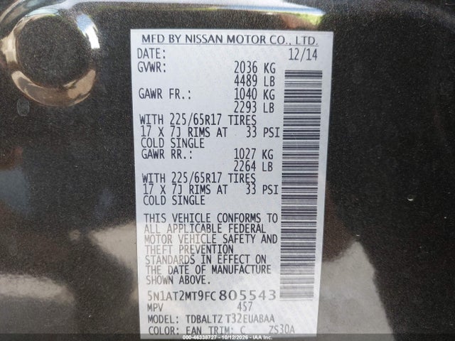 2015 Nissan Rogue Sv მანქანა იყიდება აუქციონზე, vin: 5N1AT2MT9FC805543, აუქციონის ნომერი: 46338727