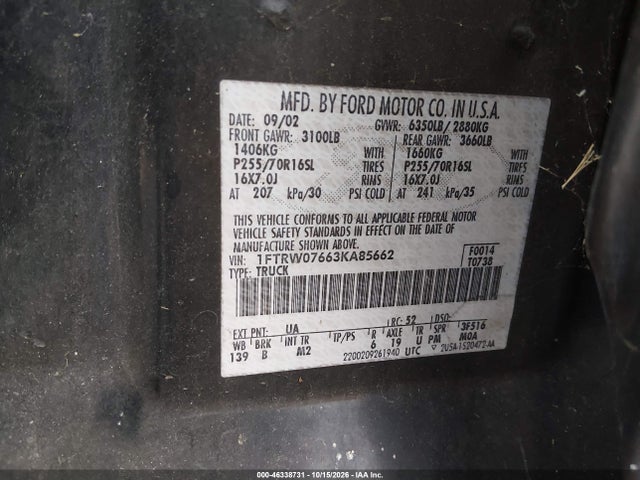 Продажа на аукционе авто 2003 Ford F-150 Lariat/xlt, vin: 1FTRW07663KA85662, номер лота: 46338731
