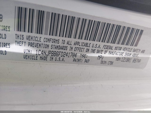 2015 Jeep Patriot Sport მანქანა იყიდება აუქციონზე, vin: 1C4NJPBB6FD241704, აუქციონის ნომერი: 46338738