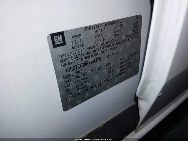 46338756 :رقم المزاد ، 1GCGTCE30G1144789 vin ، 2016 Chevrolet Colorado Lt مزاد بيع