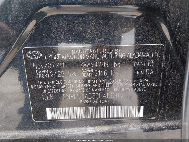 Продаж на аукціоні авто 2012 Hyundai Sonata Gls, vin: 5NPEB4AC3CH413005, номер лоту: 46338757