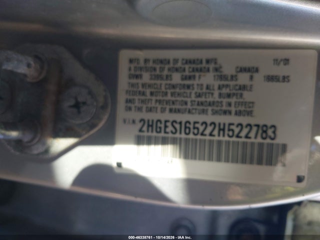 46338761 :رقم المزاد ، 2HGES16522H522783 vin ، 2002 Honda Civic Lx مزاد بيع