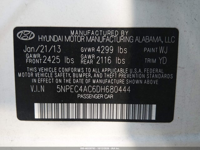 Aukcja sprzedaży 2013 Hyundai Sonata Limited, vin: 5NPEC4AC6DH680444, numer aukcji: 46338763