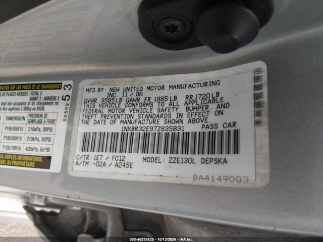 46338825 :رقم المزاد ، 1NXBR32E97Z835831 vin ، 2007 Toyota Corolla S مزاد بيع