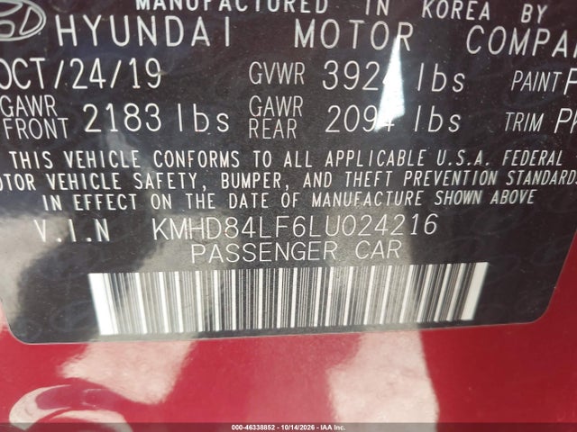 Aukcja sprzedaży 2020 Hyundai Elantra Value Edition, vin: KMHD84LF6LU024216, numer aukcji: 46338852